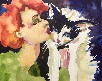 Loving on Kitty watercolor painting 9" x 12" original Tamara Halligan