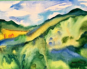 GREEN HILLS - Print Watercolor new by Tamara Halligan impressionistic wash 8.5" x 11" paper size