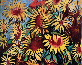 Hiding in the Sunflowers - Oil Painting New Original by Tamara Halligan 20"x 20" x 1/4" sides painted black