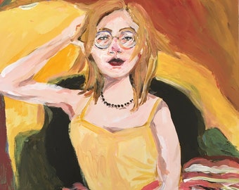 GLASSES GIRL Acrylic Painting new original Tamara Halligan 8"x8"x7/8" wood panel figure portrait