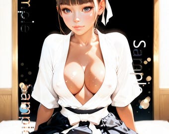 Puede incluir: Ilustración de estilo anime de una mujer con cabello oscuro recogido en un moño, vistiendo una blusa blanca, una falda negra y ropa interior blanca. La imagen tiene la palabra "Sample" en los lados izquierdo y derecho.