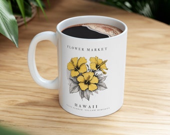 Taza con flores del estado de Hawái, linda taza con hibisco, regalo con flores del estado, taza con flores, tazas de Hawái, taza con hibisco amarillo de Hawái, regalo de Hawái