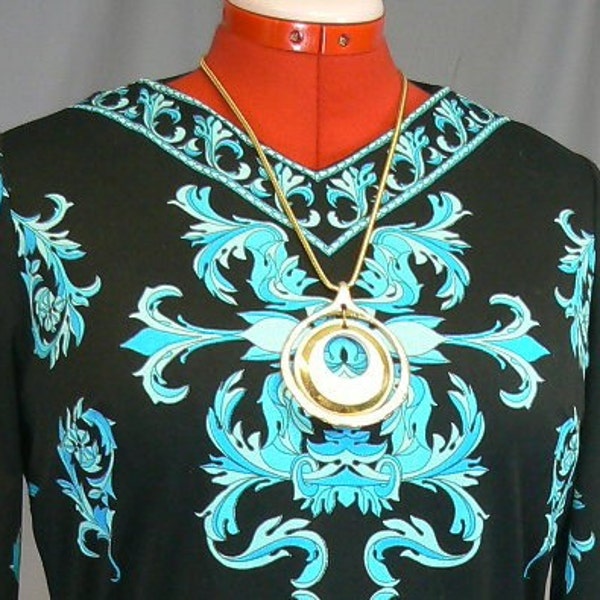 60s 70s Mr. Dino Dress Vintage - Oriental Psychedelic Mod - Aqua Turquoise Sea Blue & Black - Signature Pucci-esque - M / L