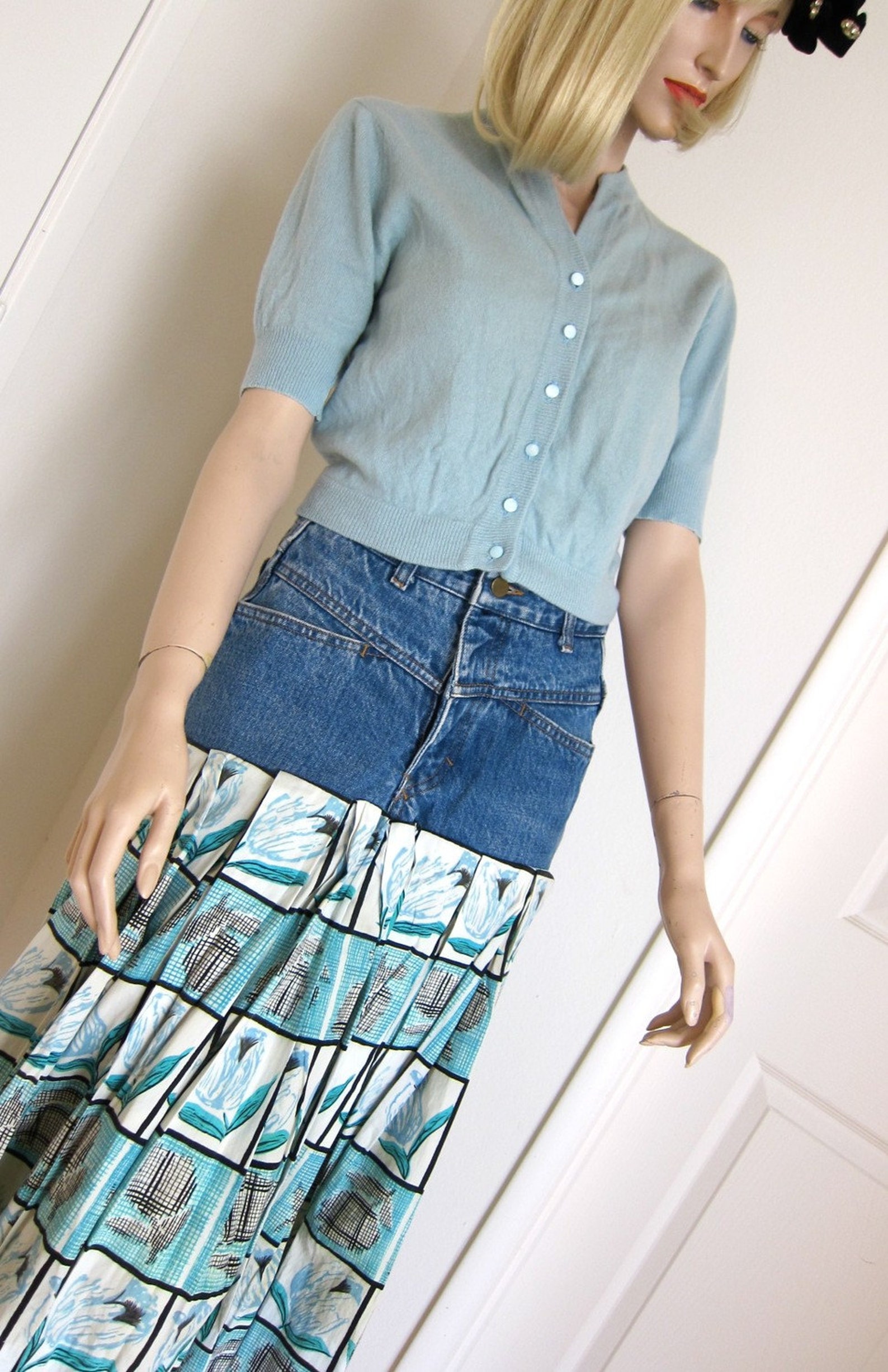 80s Sea Blue Mint Tulips Skirt Novelty Border Print Seapunk Etsy