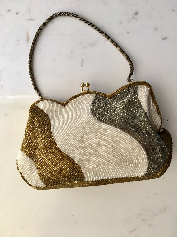 Vintage Beaded White/Gold Clutch Purse