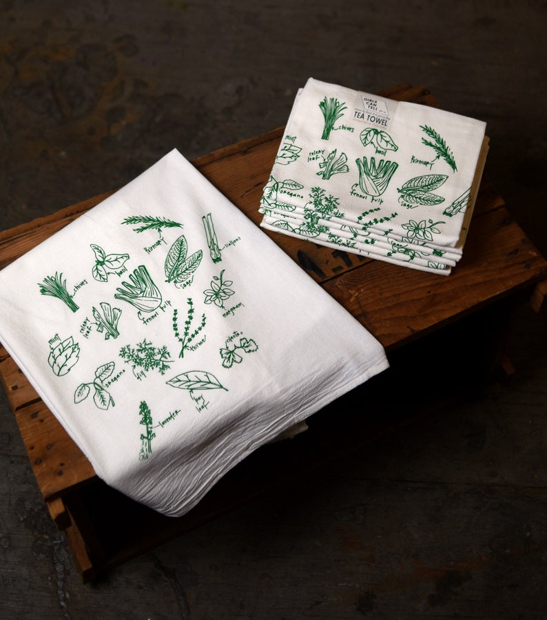 Green Herbs Kitchen Towels Floursack Cotton towels Green Herb Illustration Hand Drawn Towels Gifts for Men 画像 2