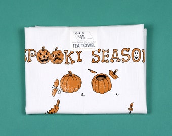 Spooky Season Pumpkin-Carving Tea Towel,  Halloween Towel,Jack O Lantern dish Towel, White Cotton, Housewarming Gift, Pumpkin, Halloween