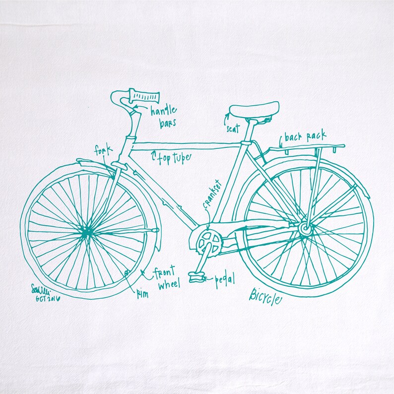 Bicycle Tea Towel, Bike Diagram Tea Towel, Kitchen Towel, Apartment dish Towel, White Cotton Dish Towel, Housewarming Gift Hostess gift image 2