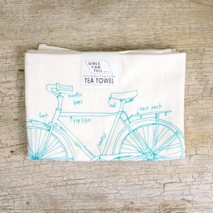 Bicycle Tea Towel, Bike Diagram Tea Towel, Kitchen Towel, Apartment dish Towel, White Cotton Dish Towel, Housewarming Gift Hostess gift image 1