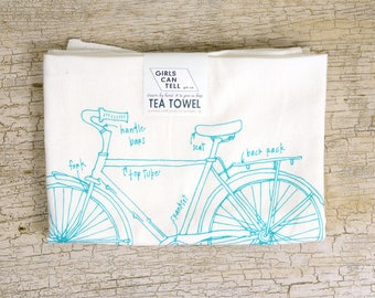 Bicycle Tea Towel, Bike Diagram Tea Towel, Kitchen Towel, Apartment dish Towel, White Cotton Dish Towel, Housewarming Gift Hostess gift