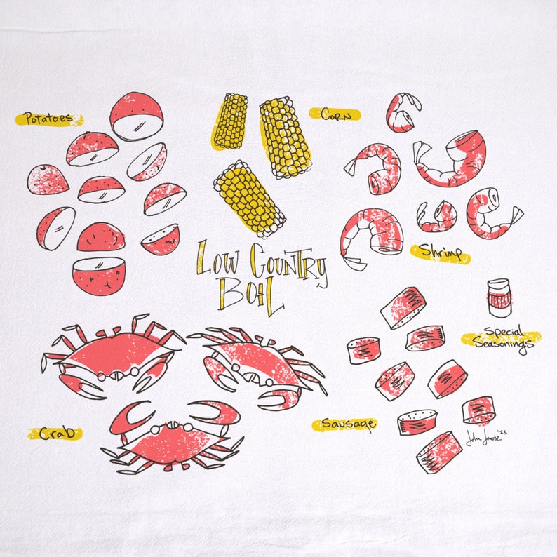 Low Country Tea Towel, Foodie Towel, Kitchen Towel, Apartment dish Towel, White Cotton Towel, Housewarming Gift, Low Country Boil, image 2