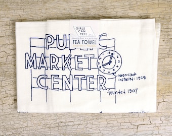 Seattle Tea Towel, Kitchen Towel, Seattle public market, Towels, seattle Wedding Gift Housewarming Gift Dish Towel, White Dish Cloth