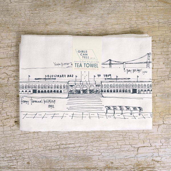 Ferry Terminal Building Tea Towel, San Francisco Landmark, Kitchen Towel, Architecture Diagram, White Cotton Dish Towel Gift