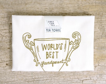 World's Best Grandparent tea towel, White cotton floursack kitchen towel, World's Greatest Grandparent, Family Gift, Grandma or Grandpa Gift