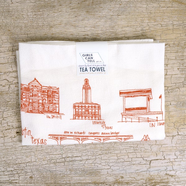 Austin Landmarks Tea Towel, Kitchen Towel, Printed Towel, Texas Towel, Housewarming gift, Austin Gift, Bridal Shower Gift, United States