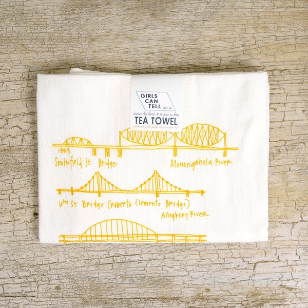 Pittsburgh Bridges Towel, Pittsburgh Kitchen Towel, Tea Towel, PGH Hand Towel, Pittsburgh gift, white cotton towel, wedding gift