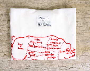 Pig diagram tea towel - white cotton floursack kitchen towel