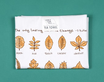 Autumn Leaves Tea Towel,  Thanksgiving Towel, Fall dish Towel, White Cotton, Housewarming Gift, Leaves, Halloween, Autumn, Fall,