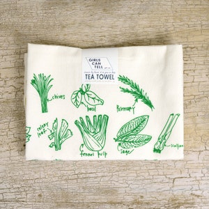 Green Herbs Kitchen Towels Floursack Cotton towels Green Herb Illustration Hand Drawn Towels Gifts for Men image 1