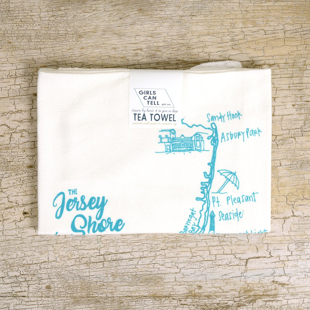 Jersey Shore Tea Towel, Cotton Towel, Kitchen Towel, Apartment Dish Towel, White Cotton Dish