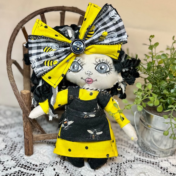 BEES girl! Rag doll, handmade, hand painted, small!!