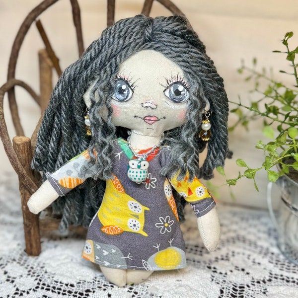 OWLS girl! Rag doll, handmade, hand painted, small!!