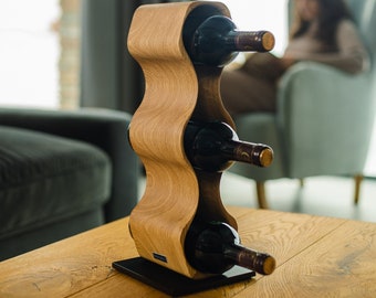 Max Levi® HARMONY Select Oak - WINE RACK. Luxury Countertop Wine Rack, Silhouette Timeless Counter 3 Bottle Wine Stand for wine enthusiasts.