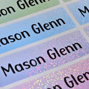 Etiqueta à prova d'água com glitter arco-íris, etiquetas de nome laváveis na máquina de lavar louça, etiqueta de nome personalizada, adesivo de nome, etiqueta de material escolar, volta às aulas