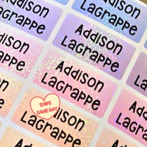 27 Rainbow Holographic Waterproof Name Stickers, Personalized Labels for kids Daycare School Preschool Business, Dishwasher Safe