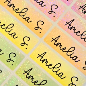 Etiqueta à prova d'água com glitter arco-íris, etiquetas de nome laváveis na máquina de lavar louça, etiqueta de nome personalizada, adesivo de nome, etiqueta de material escolar, volta às aulas