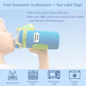 Op de afbeelding: Een lichtblauwe waterfles met een limoengroen accent en een wit rechthoekig label met de zwarte tekst Jackson Smith. De afbeelding bevat de tekst From Dishwasher to Adventure &mdash; Your Label Stays! en iconen voor vaatwasser-, magnetron- en vriezerbestendigheid.