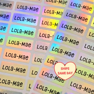 50 Kids Name Stickers, Silver Holographic Personalized Waterproof Labels for School, Daycare, Business