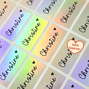 30 Silver Holographic ULTRA WATERPROOF Name Stickers, Personalized Labels for School, Daycare, Camp, Back to School, Kids, Business, MEDIUM