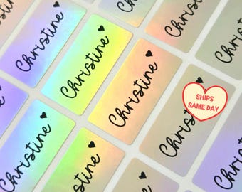 30 Silver Holographic Kids Name Stickers, Personalized Waterproof Labels for School, Daycare, Camp, Back to School