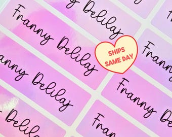 20 Pink Holographic Name Stickers, Waterproof , Personalized Labels for School, Daycare, Camp, Business, Back to School