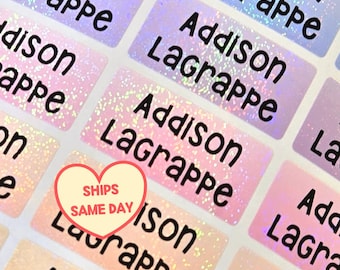 30 Rainbow Holographic ULTRA WATERPROOF Name Stickers, Personalized Labels for kids Daycare School Business, Back to School, Dishwasher Safe