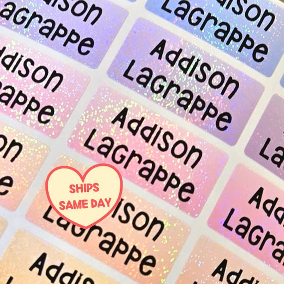 30 Rainbow Holographic ULTRA WATERPROOF Name Stickers, Personalized Labels for kids Daycare Business Back to School, Dishwasher Safe, Medium