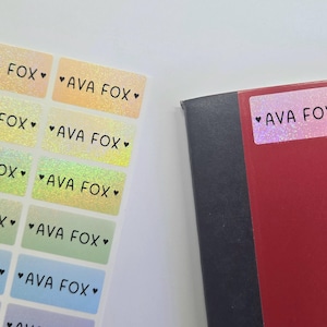 Op de afbeelding: Een vel met rechthoekige zelfklevende etiketten met een holografische afwerking in diverse pastelkleuren, elk bedrukt met de naam AVA FOX geflankeerd door twee kleine zwarte hartjes. E&eacute;n identiek etiket is geplakt op een donkerrood notitieboek.