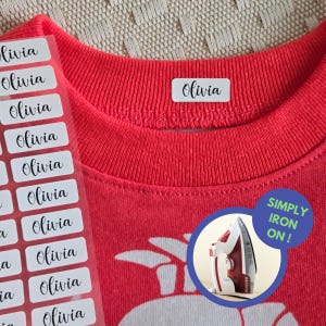 iron-on label, fabric label, clothing label, Washer & Dryer Safe, Personalized Clothing Name Labels/Tags for Nursing Homes, Camp, Day Care, waterproof label, name label, name sticker, waterproof sticker, labels for water bottle, daycare name label, NAMEBOX, NAMEHELLO