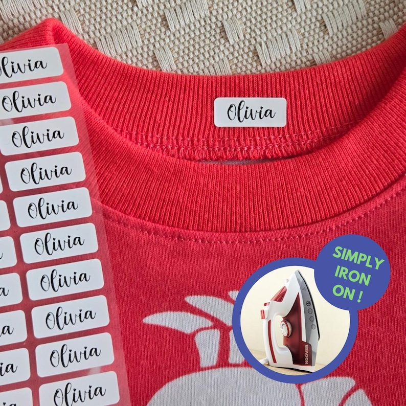 iron-on label, fabric label, clothing label, Washer & Dryer Safe, Personalized Clothing Name Labels/Tags for Nursing Homes, Camp, Day Care, waterproof label, name label, name sticker, waterproof sticker, labels for water bottle, daycare name label, NAMEBOX, NAMEHELLO