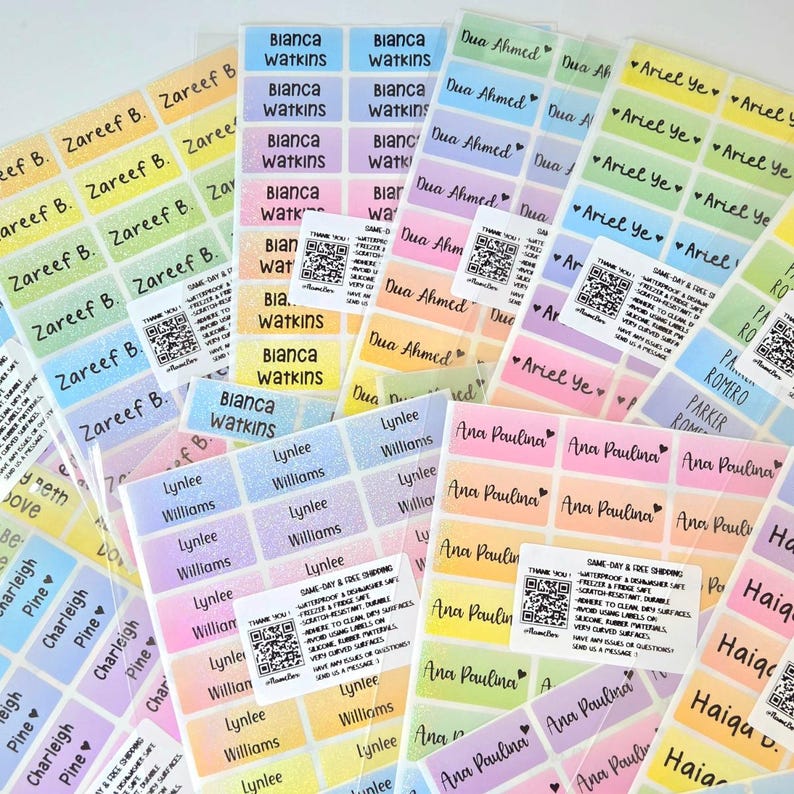 27 Rainbow Holographic ULTRA WATERPROOF Name Stickers, Personalized Labels for kids Daycare Business Back to School, DISHWASHER Safe afbeelding 8