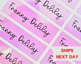 Pink Holographic Waterproof Name Labels, Name Stickers, Dishwasher Safe, Personalized Labels for School Supplies Daycare Camp Back to School