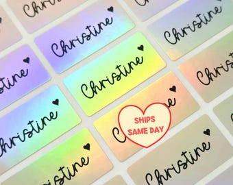 30 Silver Holographic ULTRA WATERPROOF Name Stickers, Personalized Labels for School, Daycare, Camp, Kids, Business, DISHWASHER Safe