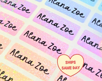 50 Rainbow Glitter Kids Name Stickers, Waterproof School Labels,  Back to School Label