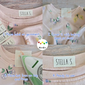 May include: A four-step instructional guide for applying iron-on clothing labels. The images show a white rectangular label with the text STELLA S. being placed on a pink butterfly-patterned garment, covered with a cloth, pressed with an iron.