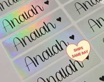 20 Silver Holographic Custom Name Stickers, Personalized ULTRA WATERPROOF Labels for School, Daycare, Camp, Back to School