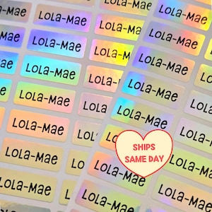 May include: A sheet of rectangular adhesive labels with a holographic finish. Each label features the name LOLA-mae printed in a bold black sans-serif font. The labels are arranged in a grid pattern on a white backing sheet for easy removal.