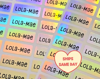 50 Silver Holographic Name Stickers, Personalized ULTRA WATERPROOF Labels for School, Daycare, Business, Back to School, Camp