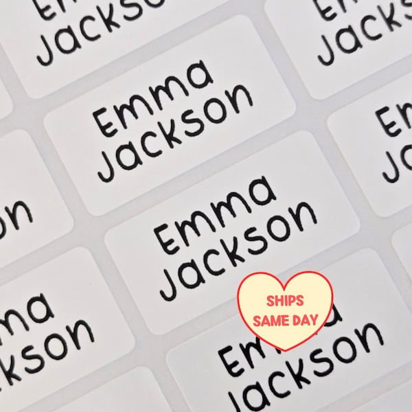 30 Waterproof Name Stickers, Dishwasher Safe, Personalized White Name Labels for School, Daycare, Camp, Small Business