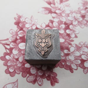 Könnte beinhalten: Ein Metalldruckblock mit einem kupferfarbenen Design. Das Design zeigt einen Schild mit einem geflügelten Stab, die Buchstaben "I.F.S." und einen Stern.